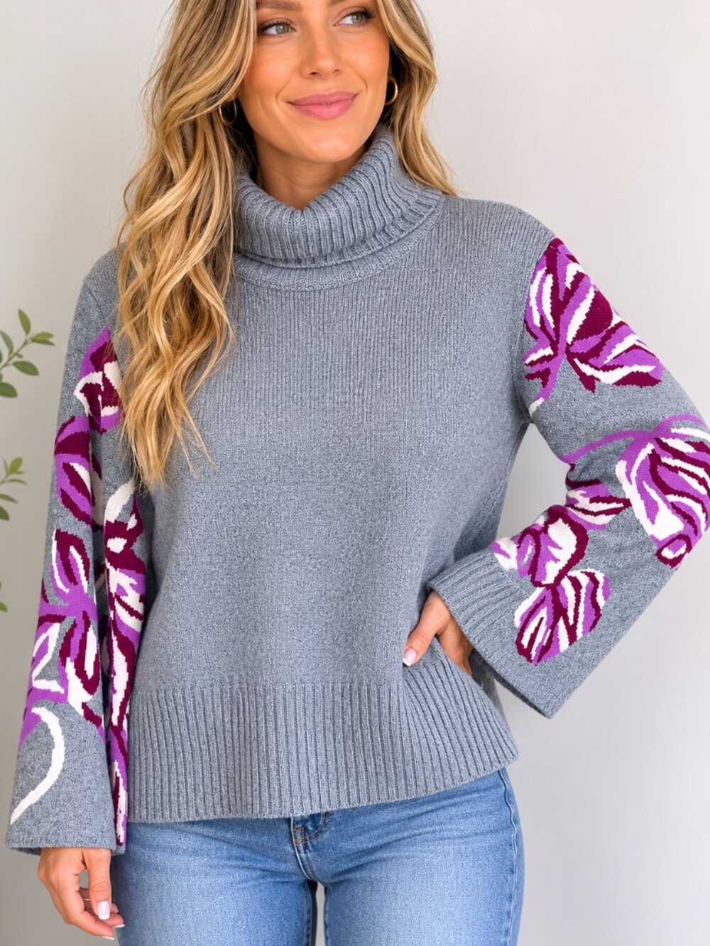 Cabi Eden Cowl Turtleneck Cotton Sweater | Gray Purple | Size Small